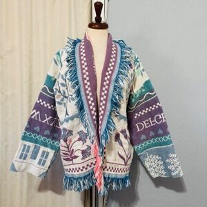 Crown Crafts Woven Tapestry Cardigan Sweater Fringe Floral Horse Carriage Cabin